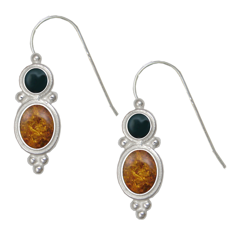 Sterling Silver Drop Dangle Earrings Amber And Bloodstone